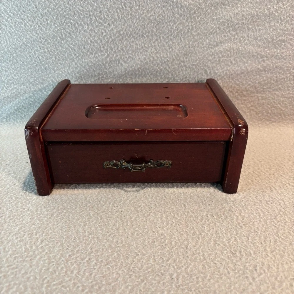 Vtg. Wooden Jewelry Box with Velvet-Lined Single Drawer with Decorative Handle